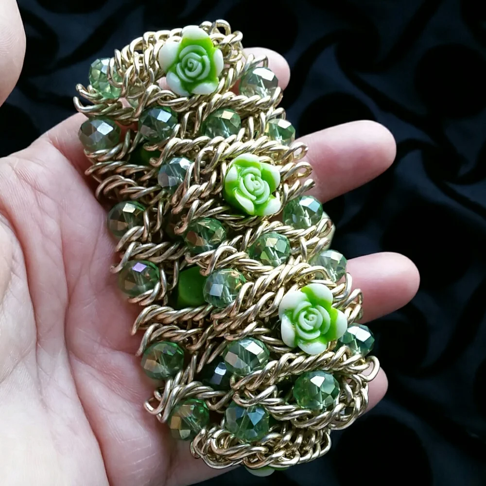 Green Rhinestones and Roses Stretch Boho Bracelet Goldtone